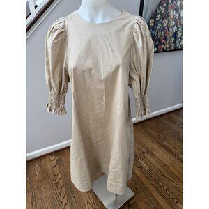SARA CAMPBELL Cotton Poplin Puff Sleeve A Line Midi Dress Beige Size Medium